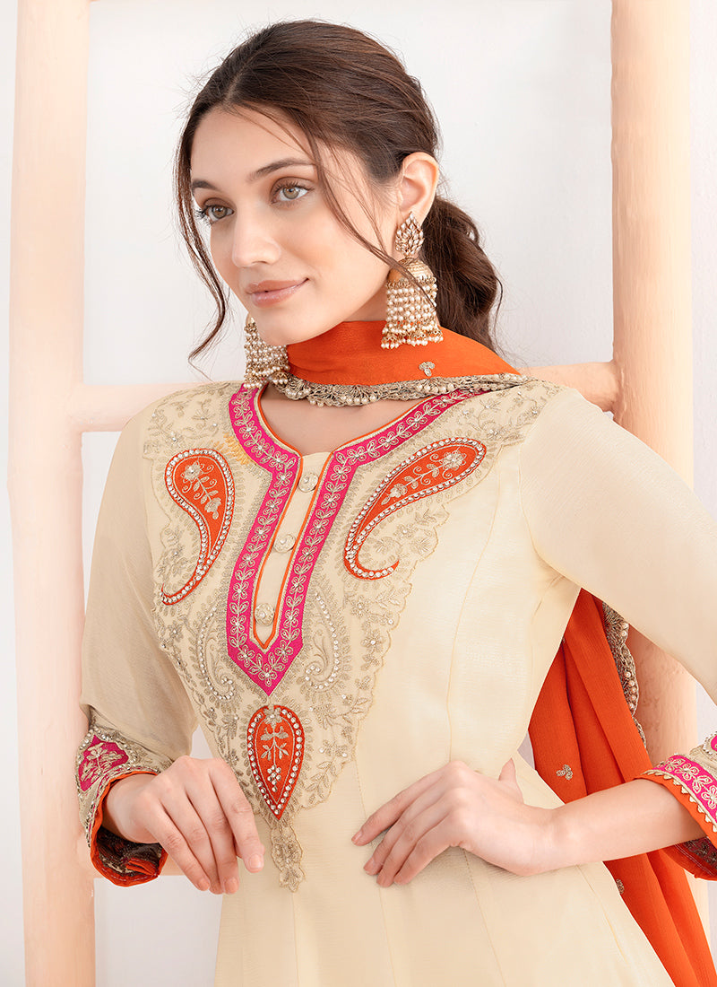 Chinon Cream Occasional Wear Embroidery Work Readymade Plazzo Suit 387677