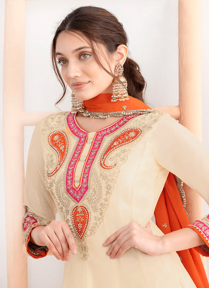 Chinon Cream Occasional Wear Embroidery Work Readymade Plazzo Suit 387677