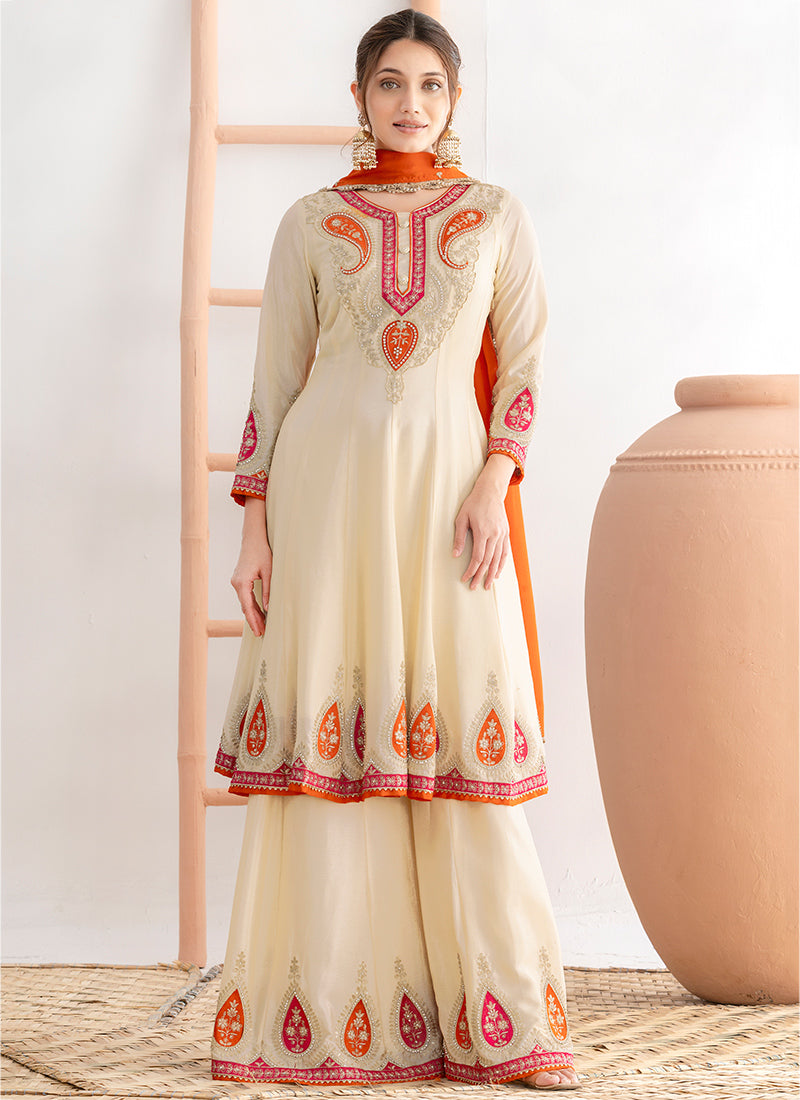 Chinon Cream Occasional Wear Embroidery Work Readymade Plazzo Suit 387677