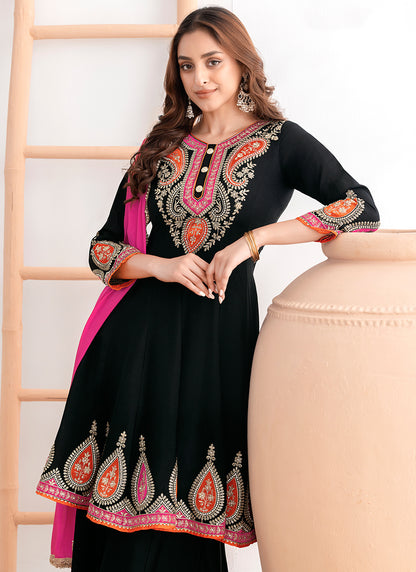 Chinon Black Occasional Wear Embroidery Work Readymade Plazzo Suit 387678