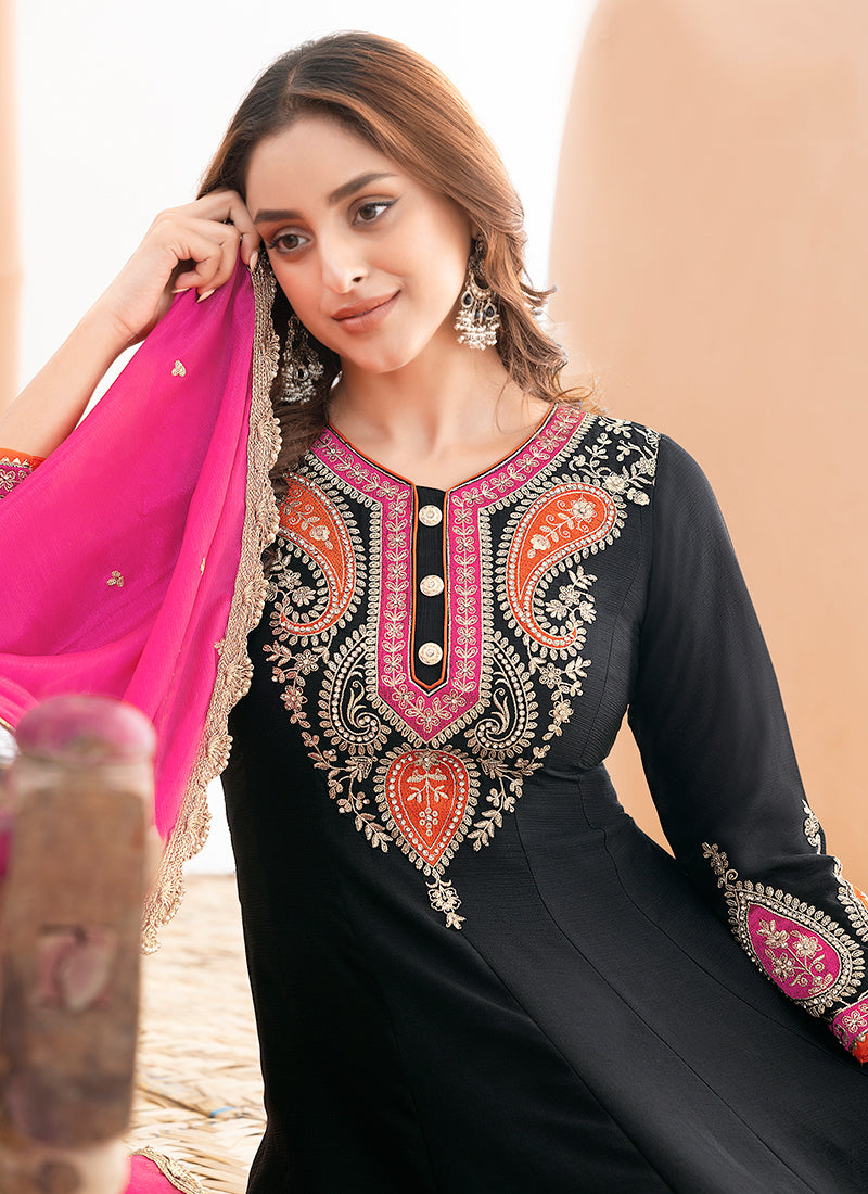 Chinon Black Occasional Wear Embroidery Work Readymade Plazzo Suit 387678