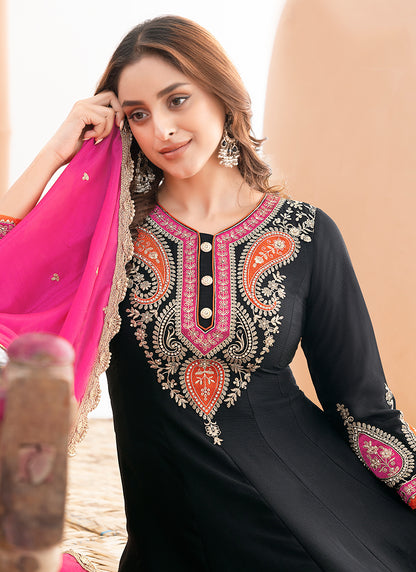 Chinon Black Occasional Wear Embroidery Work Readymade Plazzo Suit 387678