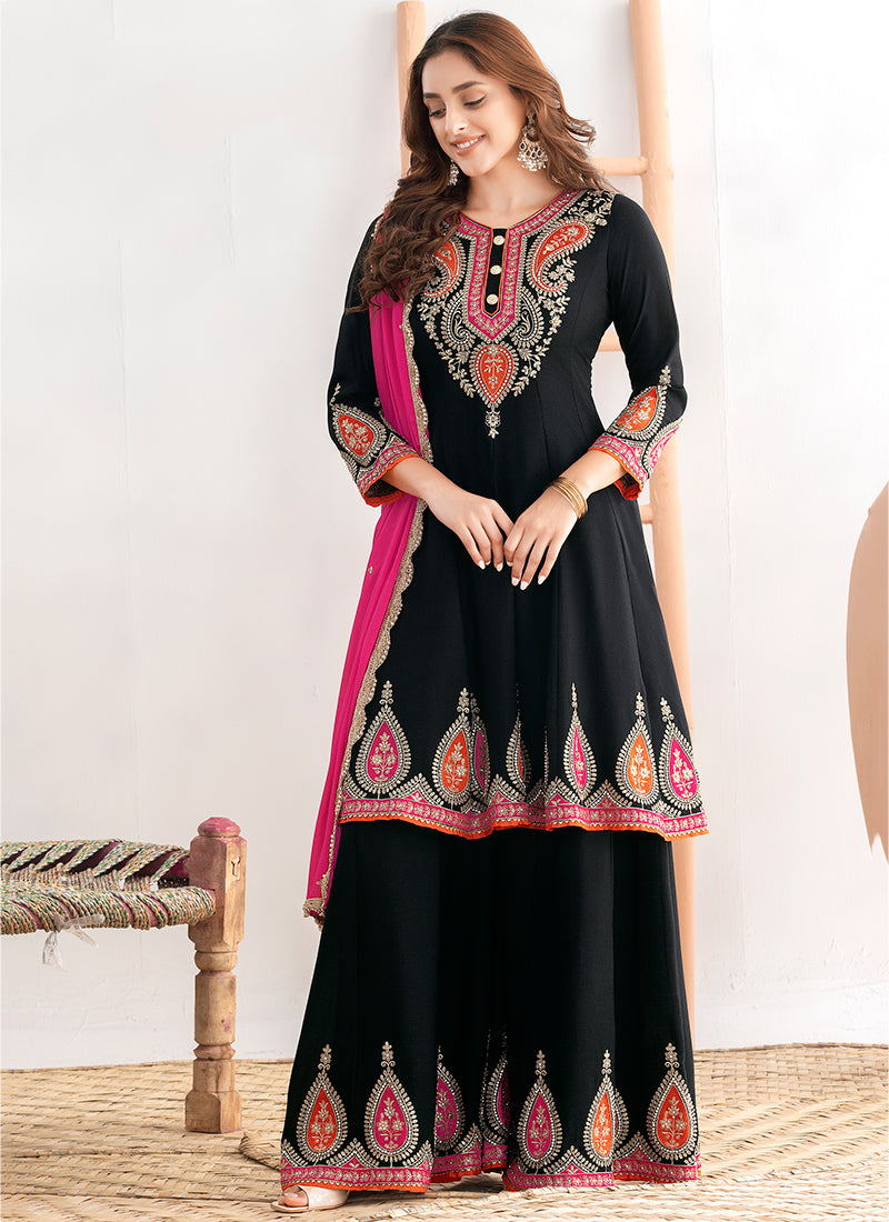 Chinon Black Occasional Wear Embroidery Work Readymade Plazzo Suit 387678