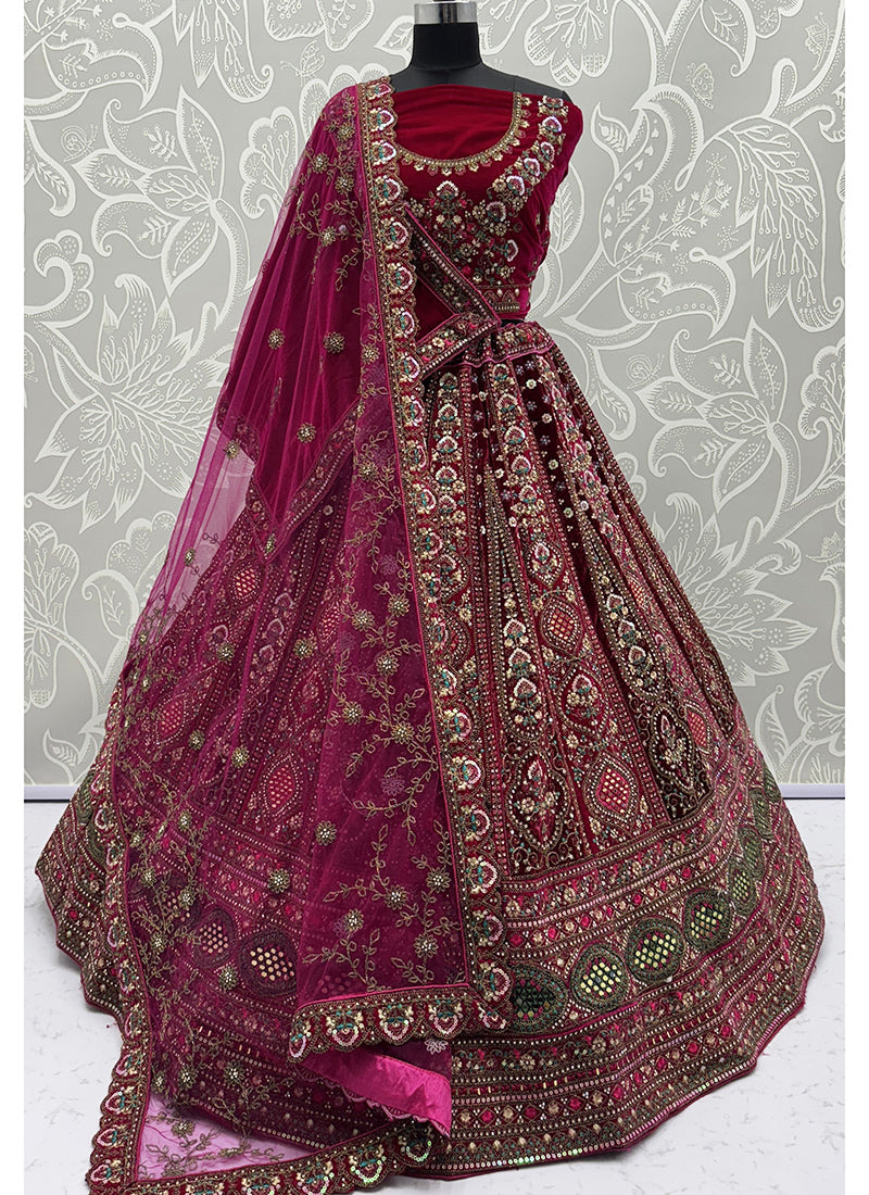 Velvet Lehenga Choli with Thread Work for Bridal Wear