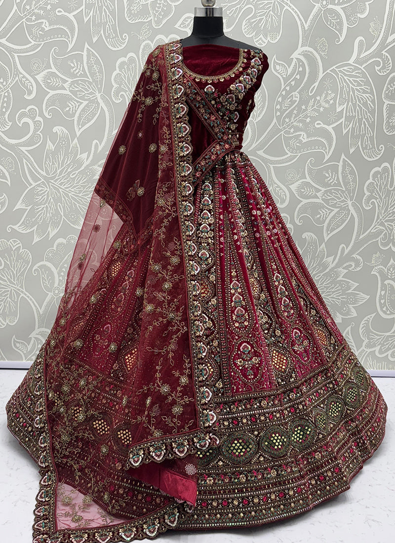 Velvet Lehenga Choli with Thread Work for Bridal Wear