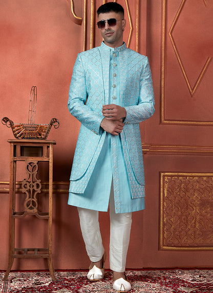 Silk Sky Blue Wedding Wear Computer Thread Readymade Sherwani Set 348349