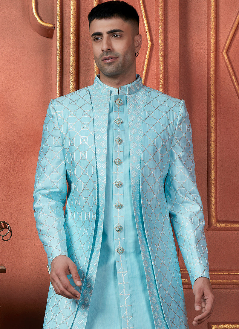 Silk Sky Blue Wedding Wear Computer Thread Readymade Sherwani Set 348349