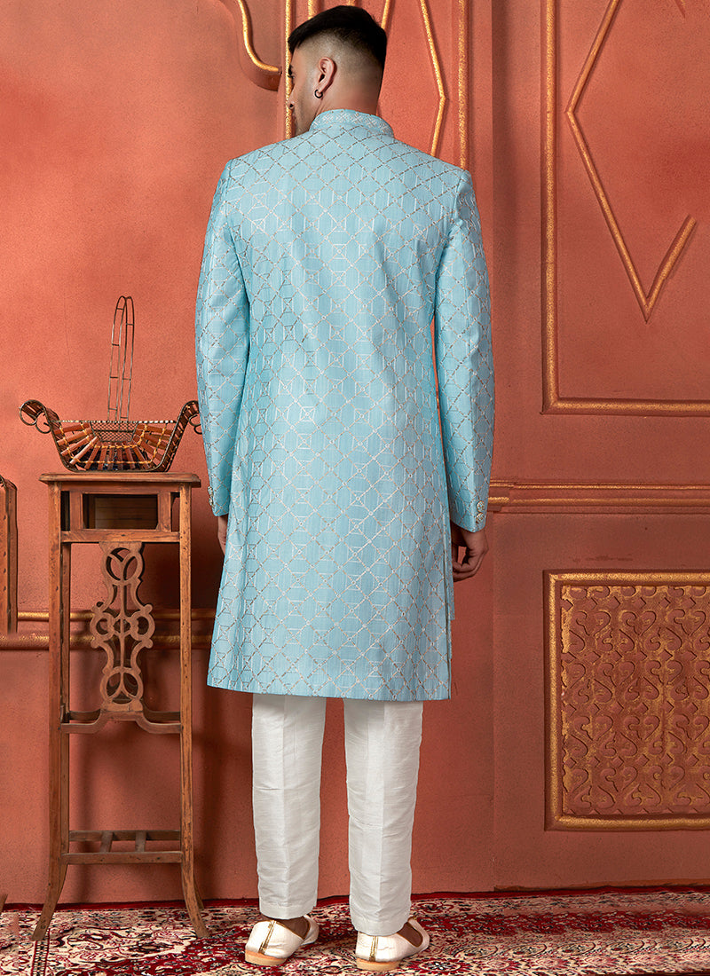 Silk Sky Blue Wedding Wear Computer Thread Readymade Sherwani Set 348349