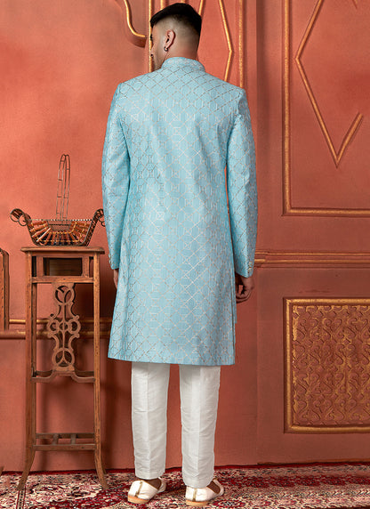 Silk Sky Blue Wedding Wear Computer Thread Readymade Sherwani Set 348349