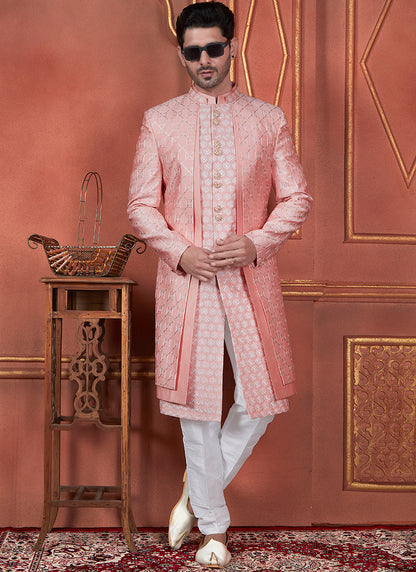 Silk Pink Wedding Wear Computer Thread Readymade Indowestern Sherwani 348350