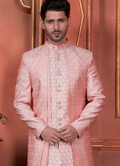 Silk Pink Wedding Wear Computer Thread Readymade Indowestern Sherwani 348350