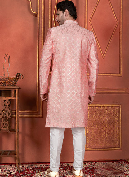 Silk Pink Wedding Wear Computer Thread Readymade Indowestern Sherwani 348350