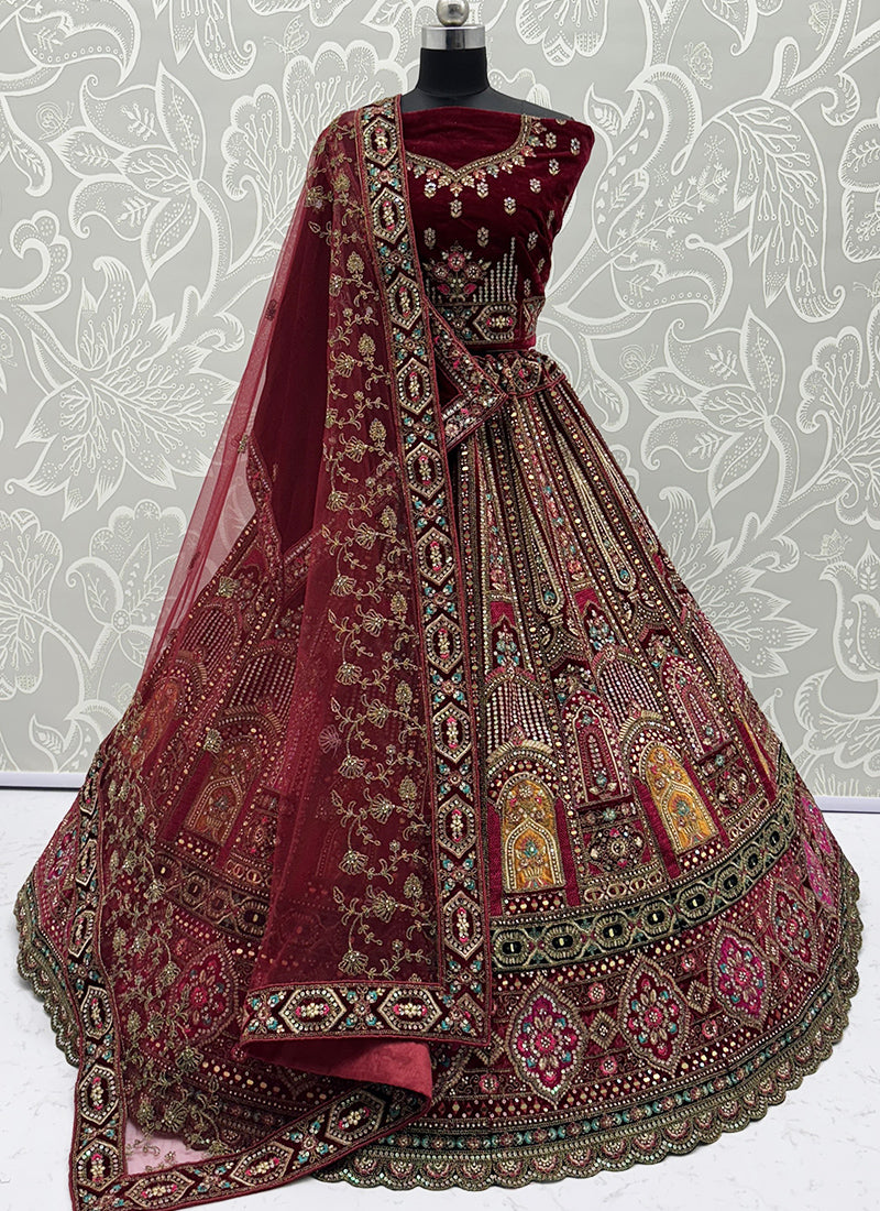 Velvet Lehenga Choli with Zari Embroidery Work for Bridal Wear