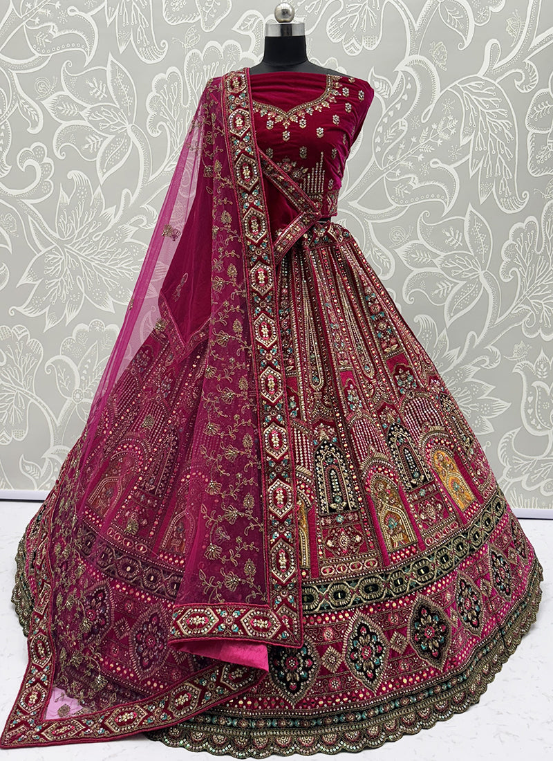 Velvet Lehenga Choli with Zari Embroidery Work for Bridal Wear