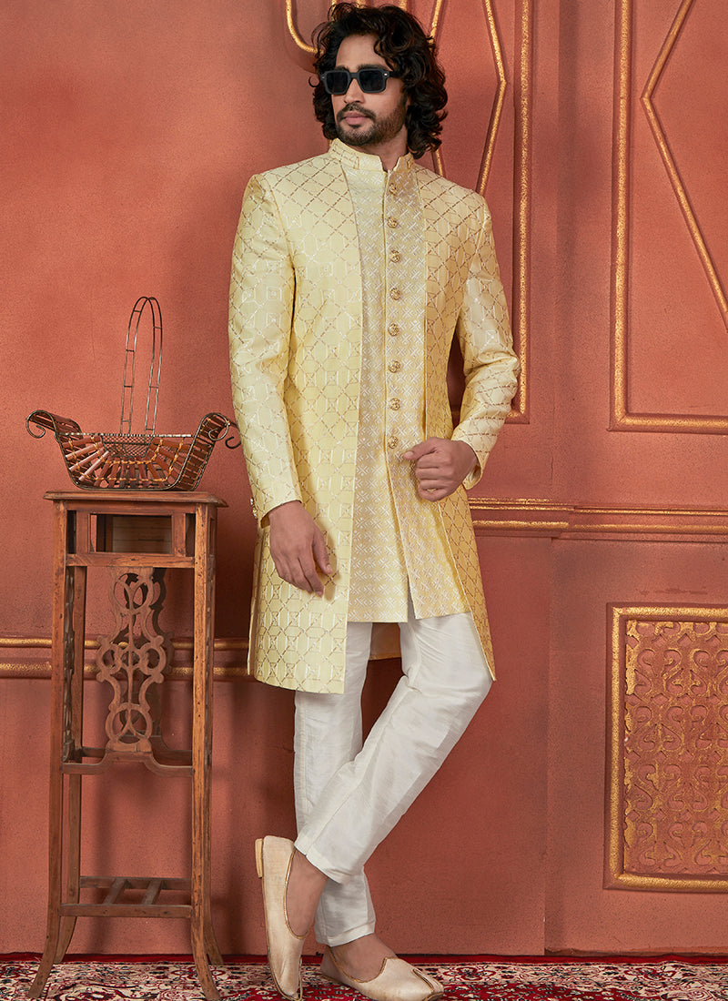 Silk Yellow Wedding Wear Computer Thread Readymade Sherwani Set 348351