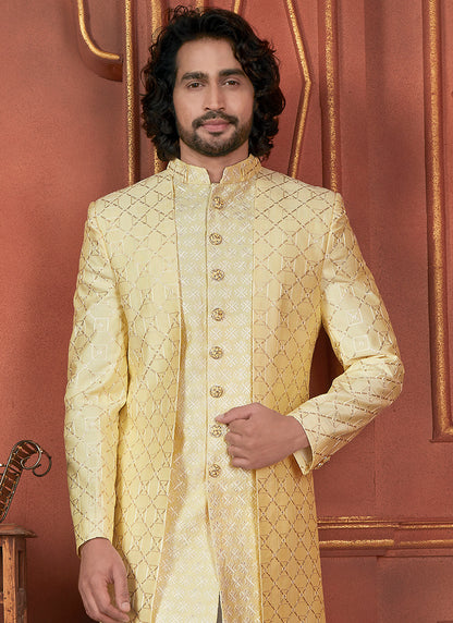 Silk Yellow Wedding Wear Computer Thread Readymade Sherwani Set 348351