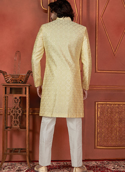 Silk Yellow Wedding Wear Computer Thread Readymade Sherwani Set 348351