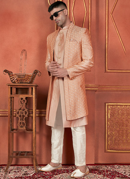 Silk Orange Wedding Wear Computer Thread Readymade Indowestern Sherwani 348352