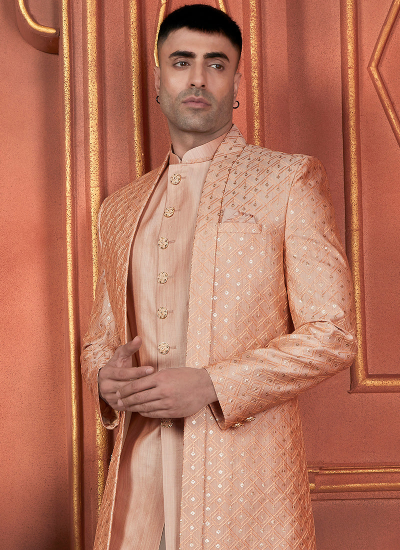 Silk Orange Wedding Wear Computer Thread Readymade Indowestern Sherwani 348352