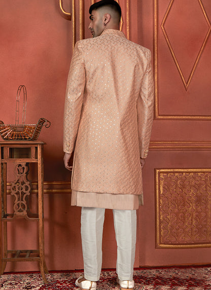 Silk Orange Wedding Wear Computer Thread Readymade Indowestern Sherwani 348352