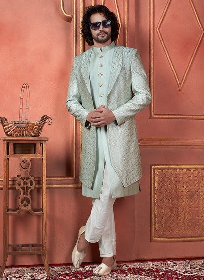 Silk Pista Green Wedding Wear Computer Thread Readymade Indowestern Sherwani 348353