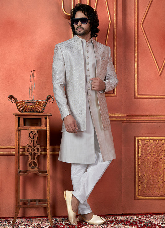 Silk Grey Wedding Wear Computer Thread Readymade Indowestern Sherwani 348354