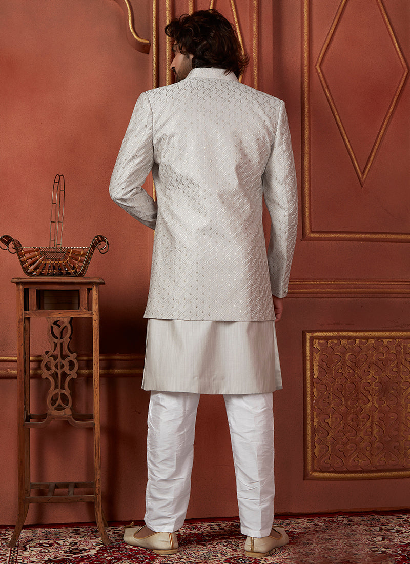 Silk Grey Wedding Wear Computer Thread Readymade Indowestern Sherwani 348354