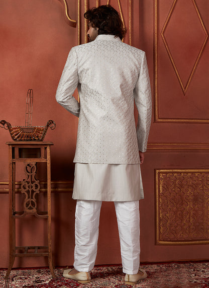 Silk Grey Wedding Wear Computer Thread Readymade Indowestern Sherwani 348354