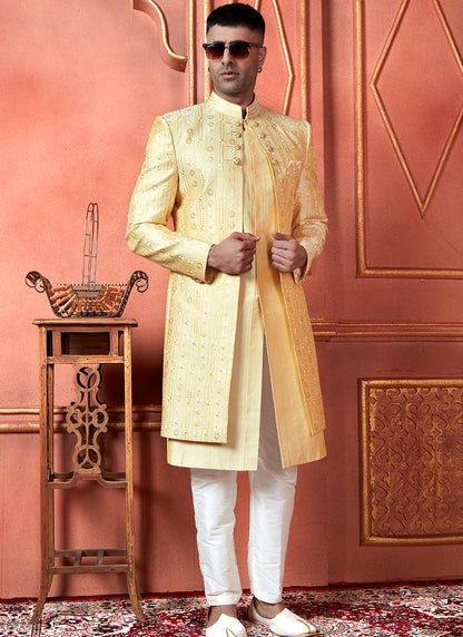 Silk Yellow Wedding Wear Computer Thread Readymade Indowestern Sherwani 348355