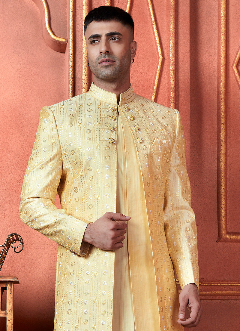 Silk Yellow Wedding Wear Computer Thread Readymade Indowestern Sherwani 348355
