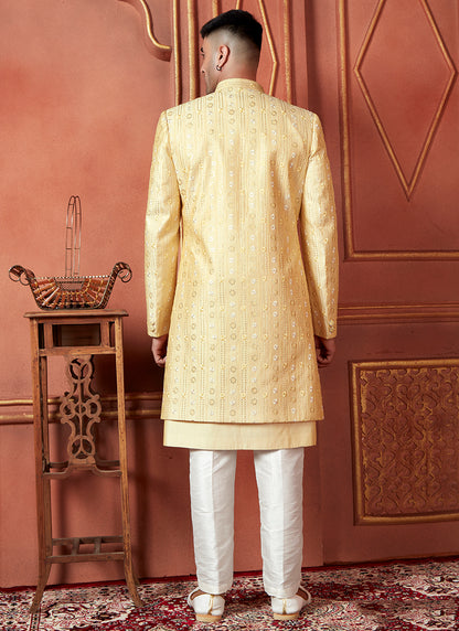 Silk Yellow Wedding Wear Computer Thread Readymade Indowestern Sherwani 348355