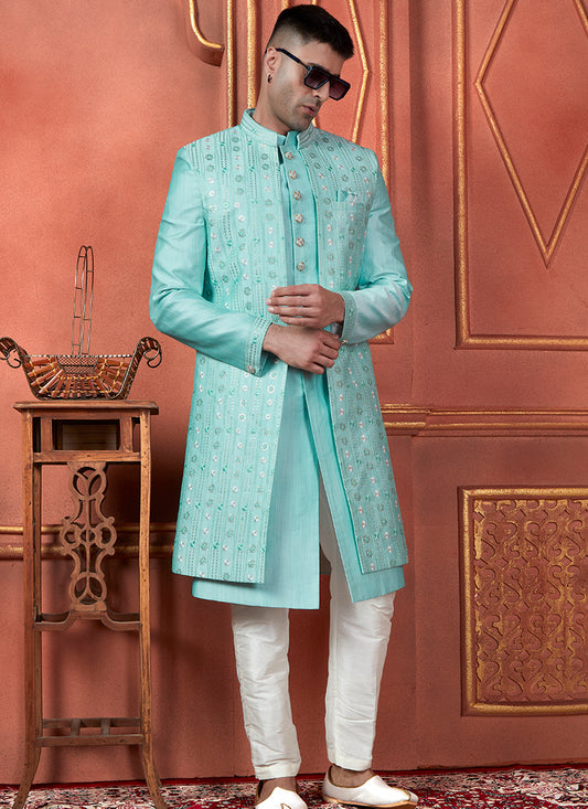 Silk Blue Wedding Wear Computer Thread Readymade Indowestern Sherwani 348356