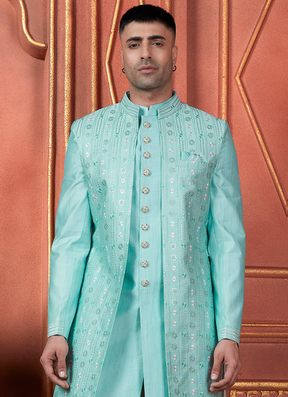 Silk Blue Wedding Wear Computer Thread Readymade Indowestern Sherwani 348356