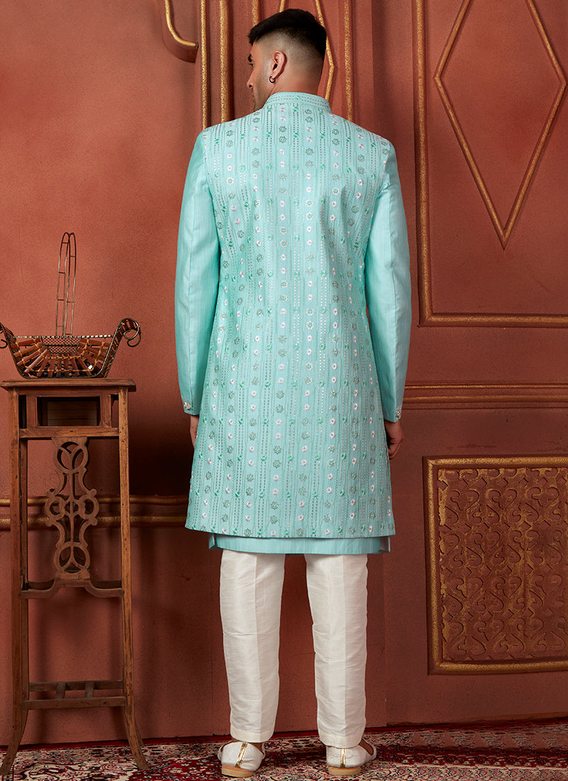 Silk Blue Wedding Wear Computer Thread Readymade Indowestern Sherwani 348356