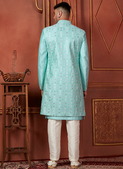 Silk Blue Wedding Wear Computer Thread Readymade Indowestern Sherwani 348356