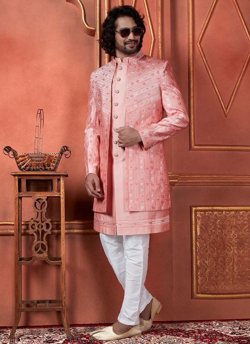 Silk Pink Wedding Wear Computer Thread Readymade Indowestern Sherwani 348357