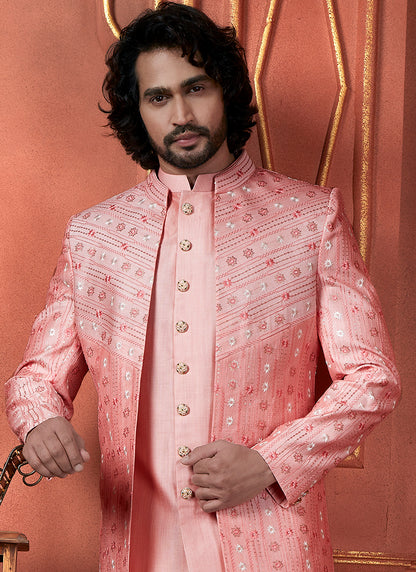 Silk Pink Wedding Wear Computer Thread Readymade Indowestern Sherwani 348357