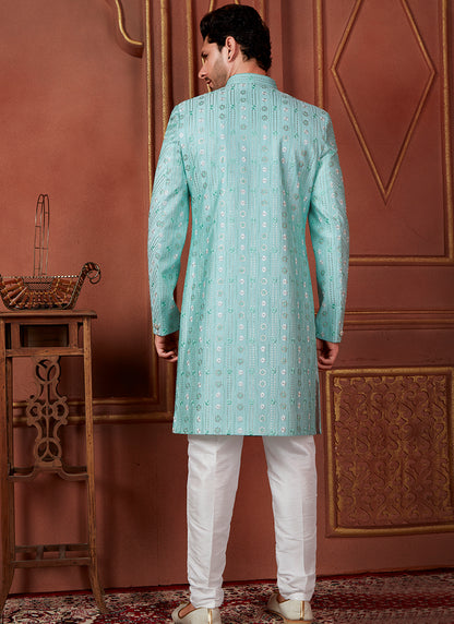 Silk Green Wedding Wear Computer Thread Readymade Indowestern Sherwani 348358