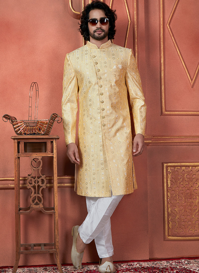 Silk Yellow Wedding Wear Computer Thread Readymade Indowestern Sherwani 348360
