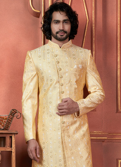 Silk Yellow Wedding Wear Computer Thread Readymade Indowestern Sherwani 348360