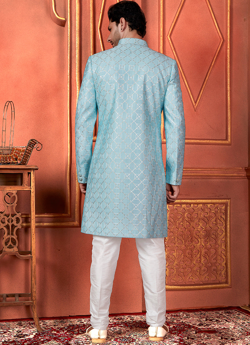 Silk Blue Wedding Wear Computer Thread Readymade Indowestern Sherwani 348361