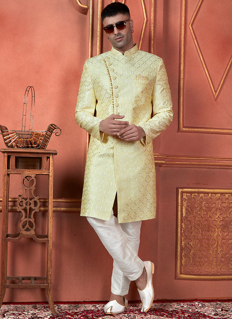 Silk Yellow Wedding Wear Computer Thread Readymade Indowestern Sherwani 348362