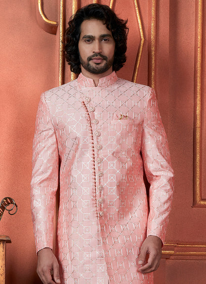 Silk Pink Wedding Wear Computer Thread Readymade Indowestern Sherwani 348363