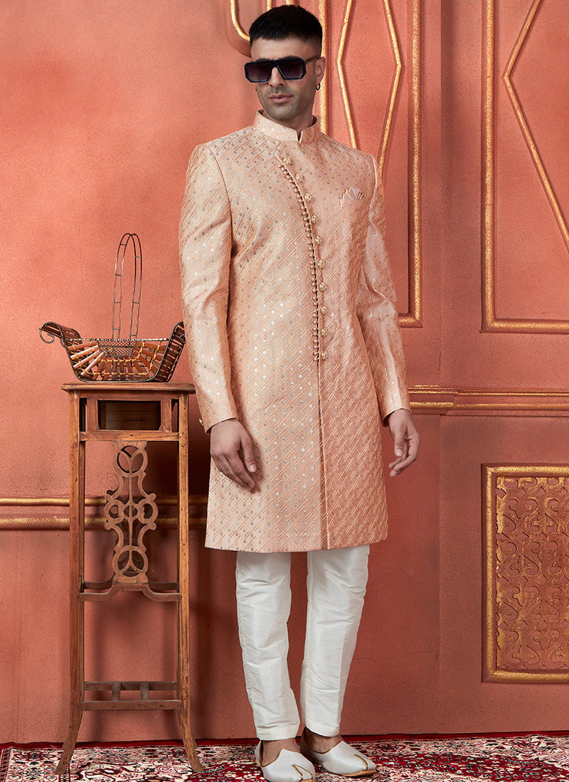 Silk Orange Wedding Wear Computer Thread Readymade Indowestern Sherwani 348365