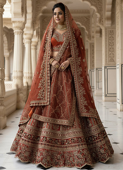 Silk Orange Wedding Wear Embroidery Work Lehenga Choli 385809