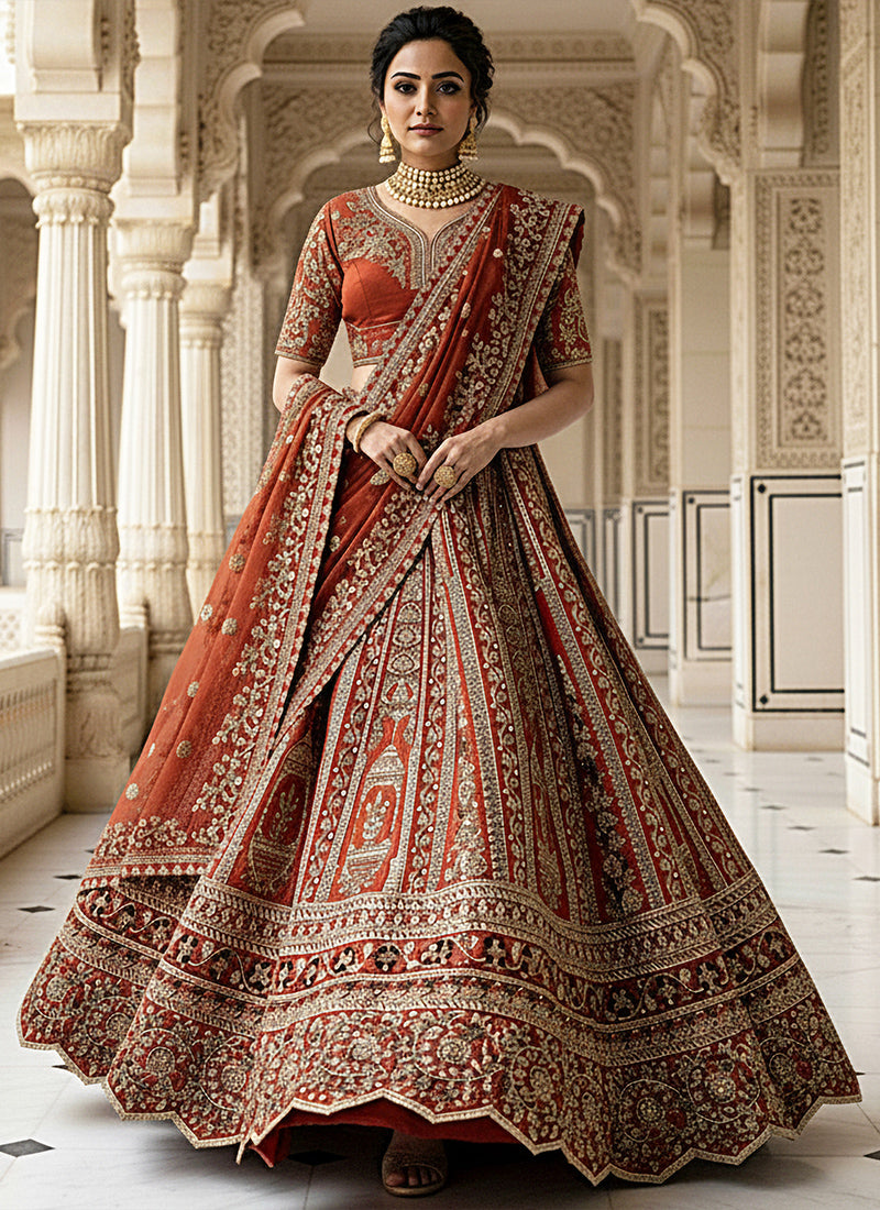 Silk Orange Wedding Wear Embroidery Work Lehenga Choli 385809