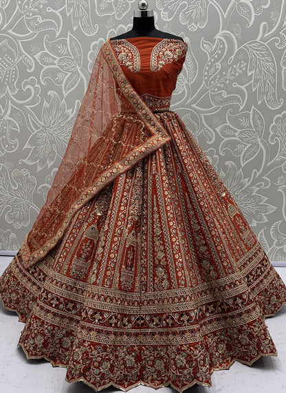 Silk Orange Wedding Wear Embroidery Work Lehenga Choli 385809