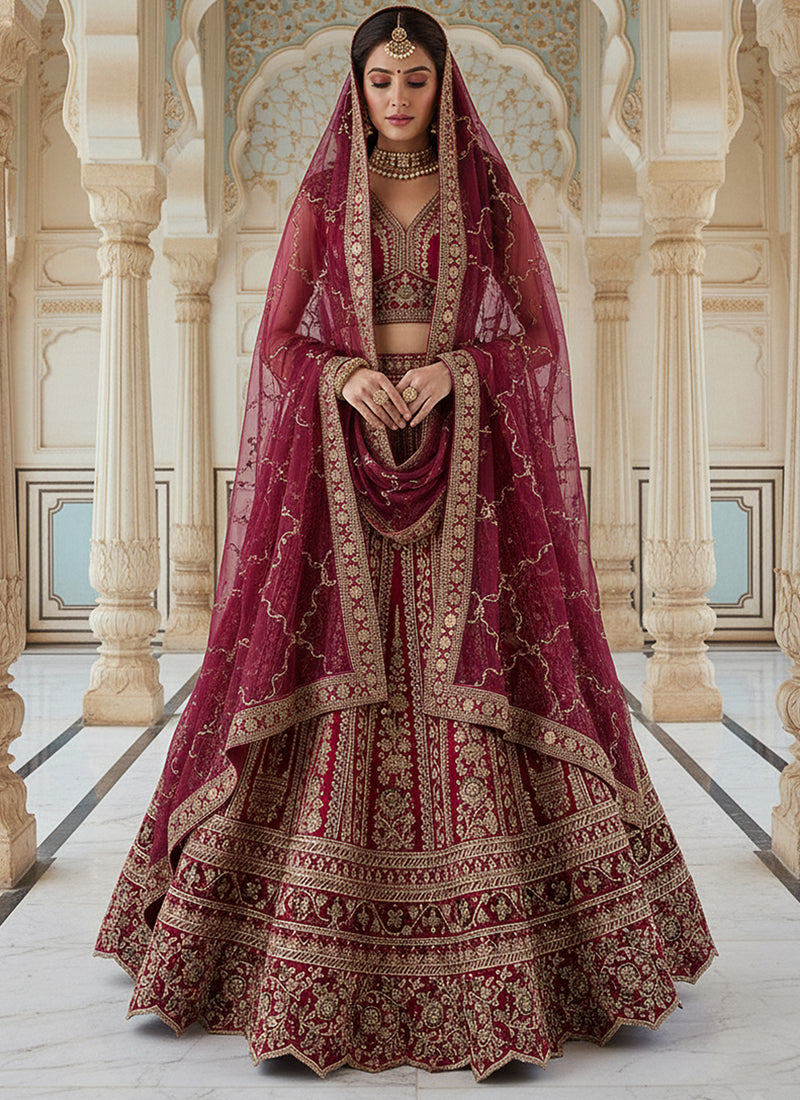 Silk Hot Pink Wedding Wear Embroidery Work Lehenga Choli 385810