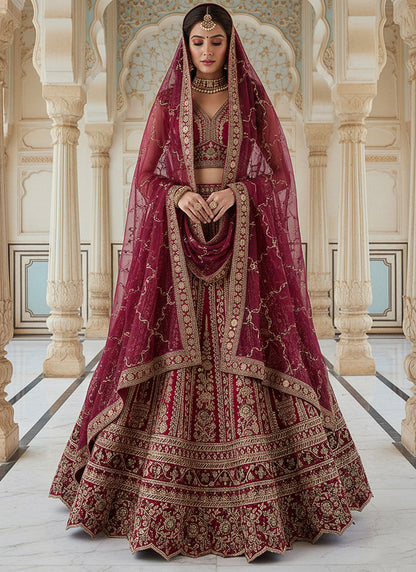 Silk Hot Pink Wedding Wear Embroidery Work Lehenga Choli 385810