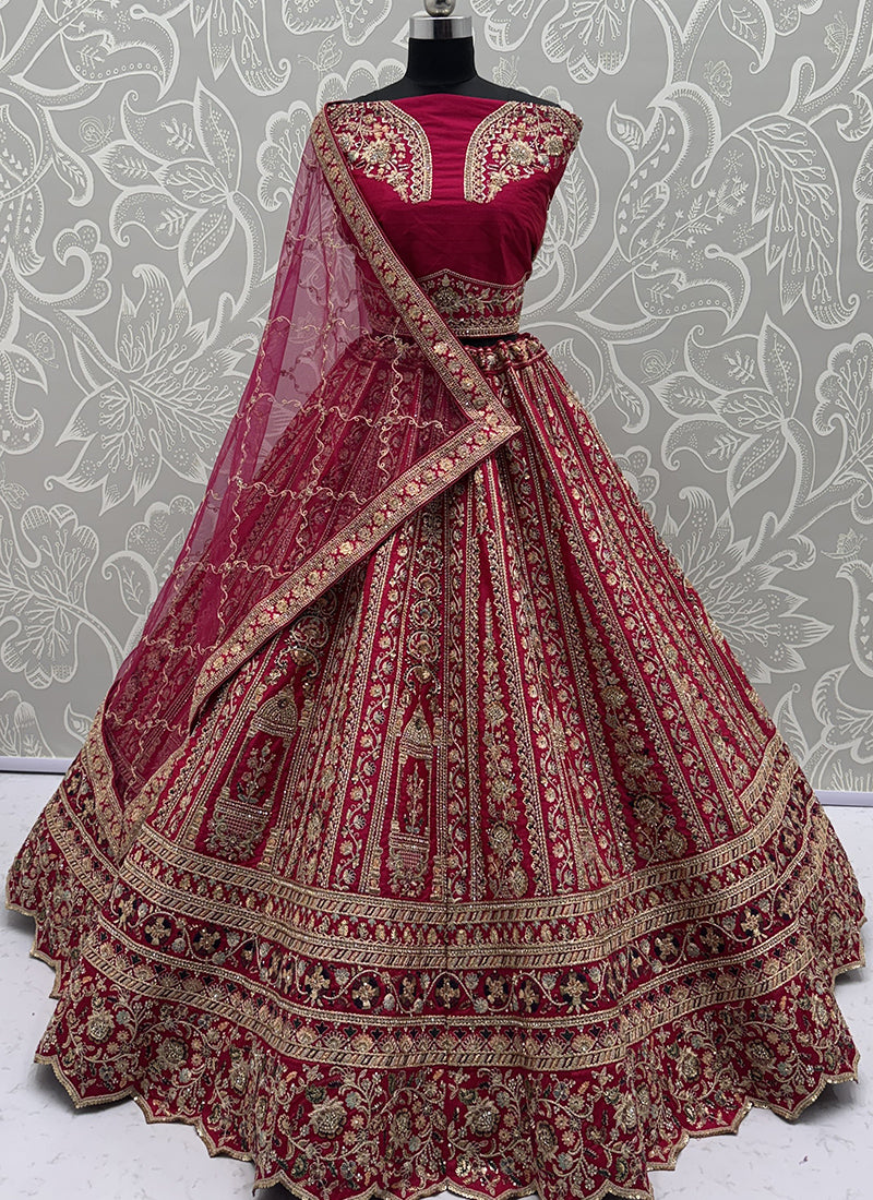 Silk Hot Pink Wedding Wear Embroidery Work Lehenga Choli 385810
